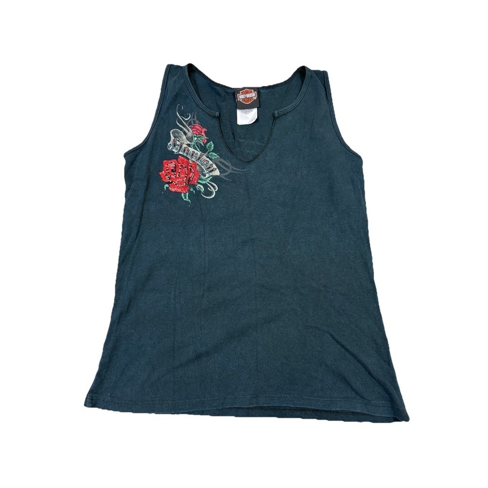 Harley-Davidson Tank Top Womens‎ Medium Black Excellent Rhinestone Rose Daytona
